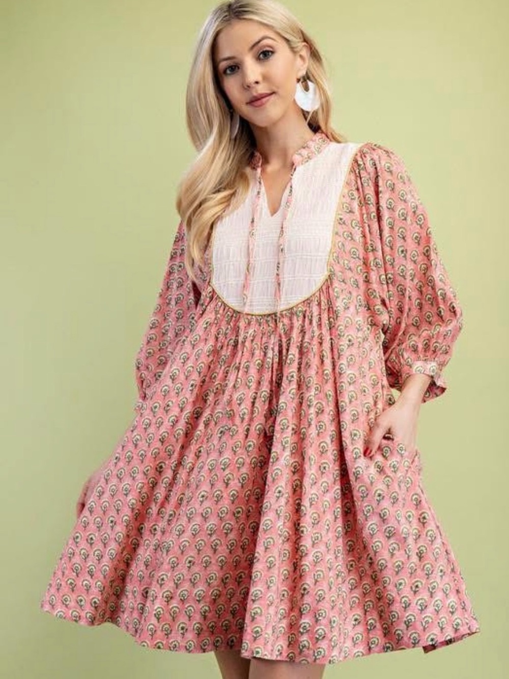 NWT Pink Floral Babydoll Dress with Indian Block Print